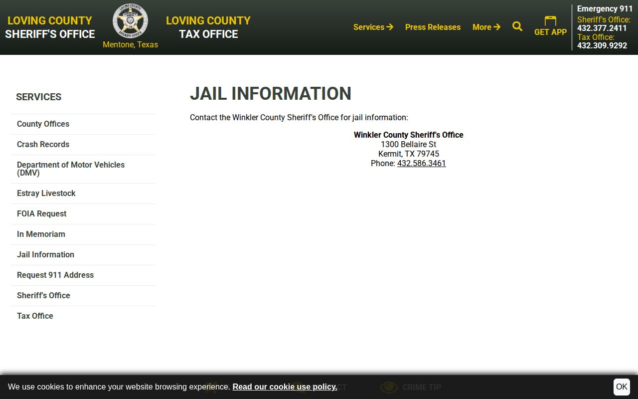 Loving County jail-information page for booking-record and custody routing