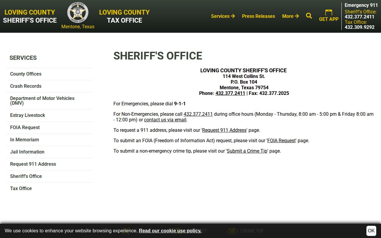Loving County Sheriff contact page for Mentone arrest-record routing